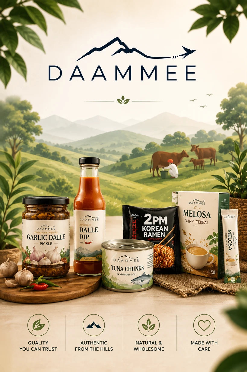 A promotional product collage for Daammee food items set against a scenic mountain-and-cow landscape. Visible products include a jar of garlic dallae, a bottle of dallae dip, a can of tuna chunks, a black 2PM Korean ramen pouch, and Melosa snack packs.