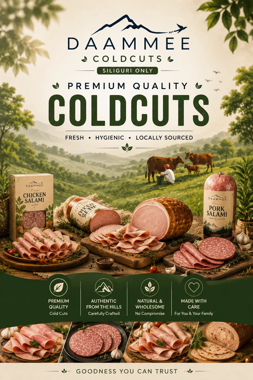 Promotional graphic for Daammee Coldcuts featuring sliced meats, cured meats, and packaged products arranged in a rustic outdoor setting with cows and trees in the background. Large text reads 'Daammee Coldcuts' and 'Premium Quality Coldcuts' with smaller claims about fresh, hygienic, and locally sourced products.
